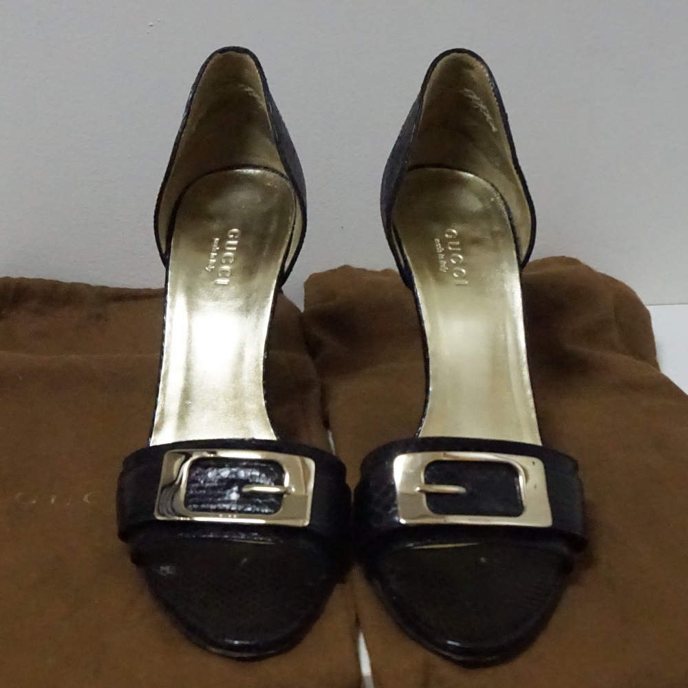 **Authentic** Gucci Black Python Leather Open Pump - image 1